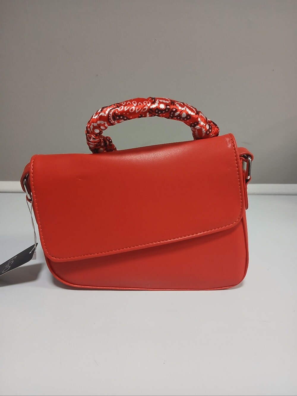 Red Asymmetric Leather Feel Bandana Print Top Handle Mini Bag Purse New!
